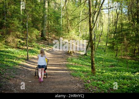 Sorella maggiore che cammina in un parco con il fratello minore in passeggino. Ragazza che spinge un passeggino per il fratello infantile. Famiglia attiva all'aperto. Foto Stock