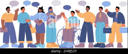 Diversi uomini d'affari multirazziale squadra comunicare con bolle di discorso. Personaggi gruppo di diverso genere e nazionalità, uomini e donne sani e disabili che chiacchierano linea arte vettore illustrazione Illustrazione Vettoriale