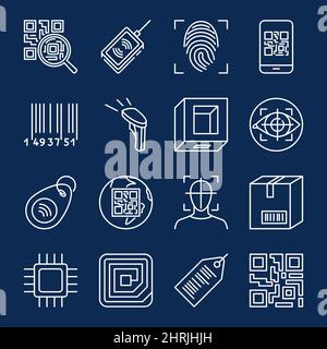Codice QR e icona del codice a barre impostata in stile linea. Raccolta di codici Qrcode e simboli di identificazione. Illustrazione vettoriale. Illustrazione Vettoriale