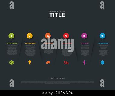 Modello astratto di schema scuro con sei sezioni di passaggi su sfondo nero divise da ombra con icone di numeri grandi e alcune descrizioni. Multiuso i Illustrazione Vettoriale