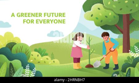 Banner giorno Arbor. Illustrazione di due bambini che piantano un piccolo albero in natura per l'ambiente Illustrazione Vettoriale