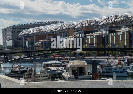 Vista panoramica delle barche sul fiume Rodano con un ponte su di esso a Lione, Francia Foto Stock