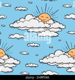Cute nuvola e sole sfondo vettoriale senza interruzioni. Sorridente sole bambini illustrazione isolato su cielo blu. Sfondo estivo. Design divertente per bambini e abbigliamento per bambini. Illustrazione Vettoriale
