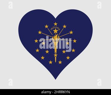 Bandiera del cuore dell'Indiana USA. NEGLI Stati Uniti Love Shape state Flag. Hoosier Stati Uniti d'America icona banner segno simbolo clipart. Illustrazione del vettore EPS. Illustrazione Vettoriale