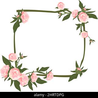 Corona di Peony. Cornice quadrata, fiori rosa carino e foglie. Composizione rosa primaverile in fiore con boccioli. Decorazioni natalizie per matrimoni, feste, cartoline, poster e design. Illustrazione vettoriale Illustrazione Vettoriale