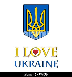 I Love Ukraine Concept logo. Indipendenza giorno 24th di agosto vettore colorato cuore e tridente in bandiera nazionale colori saluti. Costituzioni ucraine Illustrazione Vettoriale
