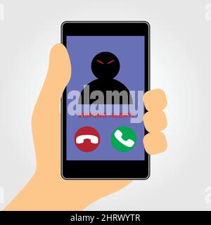 Concetto di Vishing. Mano che tiene un telefono cellulare con una chiamata in arrivo fraudolenta. Rischio di frode telefonica Illustrazione Vettoriale