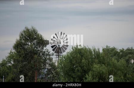 paese scena. mulino a vento nel campo Foto Stock