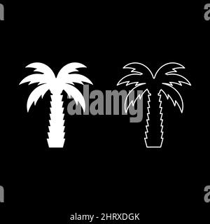 Palm tree tropicale cocco set icona bianco colore vettore immagine semplice riempimento solido contorno linea sottile stile piatto Illustrazione Vettoriale