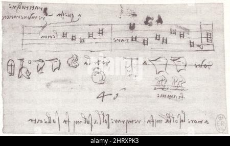 LEONARDO DA VINCI.MUSICAL GAMES.UNO SCHIZZO PER UN FANTASTICO STRUMENTO A CORDE, E UN RIDDLE CON NOTAZIONE MUSICALE, ENTRAMBI DALLA FINE DEL 1480 Foto Stock