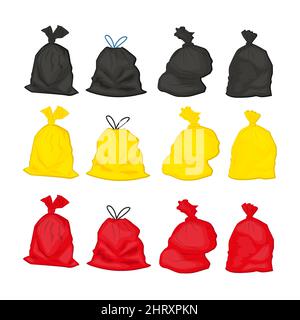 Set di sacchetti di plastica neri, gialli e rossi per rifiuti Illustrazione Vettoriale