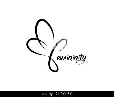 modello di logo vettoriale a farfalla disegnato, femminilità concetto di lettere disegnate a mano. Testo tipografico per magliette, poster, wall art, stampa in linea nera Illustrazione Vettoriale