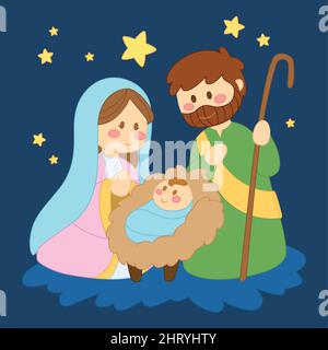 Natività scena cartoon kawaii Starry Night Vector Illustrazione Vettoriale