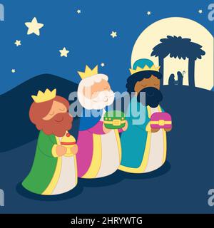 Tre saggi uomini cartoon kawaii silhouette di presepio scena Vector Illustrazione Vettoriale