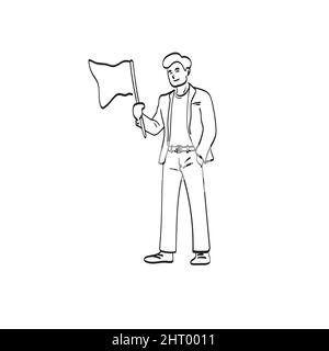 line art uomo d'affari a lunghezza intera in piedi con bandiera in mano illustrazione vettore disegnato a mano isolato su sfondo bianco Illustrazione Vettoriale