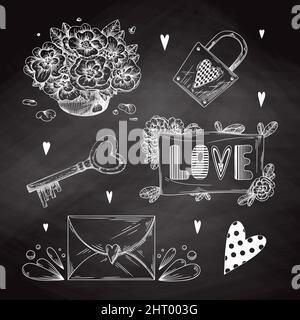 Set di romantici elementi disegnati a mano. Cuori, fiori e altri elementi diversi. Illustrazione vettoriale dello schizzo disegnata a mano. Illustrazione Vettoriale