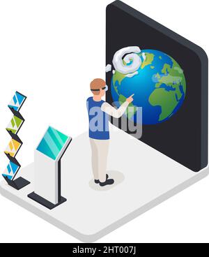 Uomo che utilizza un visore vr guardando la terra al moderno centro espositivo con supporto promozionale e immagine vettoriale isometrica a rack Illustrazione Vettoriale