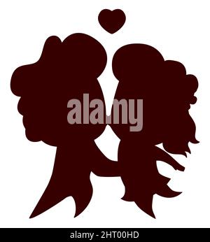 Silhouette di coppia bella, esprimendo il loro amore l'un l'altro con un bacio e un cuore fluttuante. Illustrazione Vettoriale