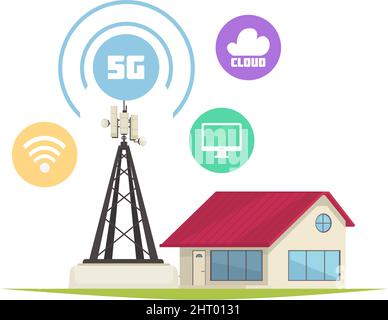 5g composizione della tecnologia internet con immagine isolata di smart house con torre cellulare e icone rotonde illustrazione vettoriale Illustrazione Vettoriale