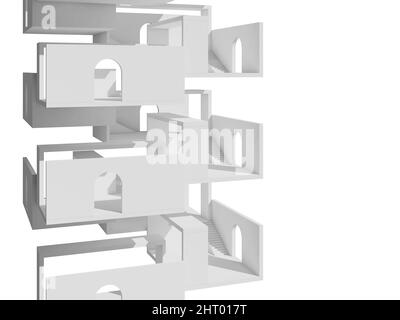 Astratta torre bianca isolata su sfondo bianco, livelli vuoti con scale e porte ad arco, illustrazione di 3D rendering Foto Stock