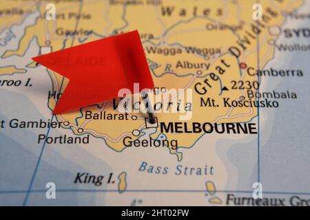 Bandiera rossa Melbourne sulla mappa, Australia Foto Stock