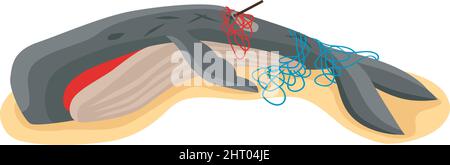 Composizione isometrica dell'inquinamento dell'oceano con immagine di balena morta uccisa da rifiuti tossici su sfondo bianco illustrazione vettoriale Illustrazione Vettoriale