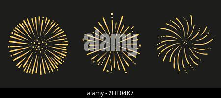 Set di fuochi d'artificio dorati. Lucenti prefazioni per feste e celebrazioni. Illustrazione vettoriale isolata su sfondo nero Illustrazione Vettoriale
