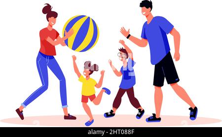 Famiglia attiva vacanze composizione con personaggi umani di membri della famiglia che giocano palla vettore illustrazione Illustrazione Vettoriale