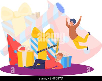 Felice celebrazione persone composizione con personaggi umani felici tra le scatole con regali illustrazione vettoriale Illustrazione Vettoriale