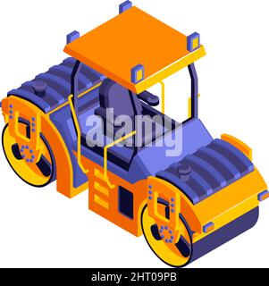 Composizione isometrica del rullo per costruzione stradale con immagine isolata di illustrazione vettoriale del compattatore per asfalto Illustrazione Vettoriale