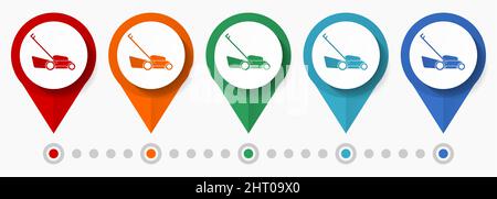 Set di icone vettoriali per il concetto di tosaerba, puntatori per tosaerba a design piatto, modello infografico facile da modificare Illustrazione Vettoriale