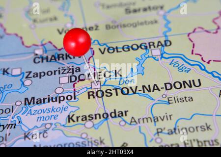 Pin contrassegnato Rostov na Donu sulla mappa, Russia Foto Stock