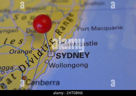 Pin contrassegnato Sydney sulla mappa in Australia Foto Stock