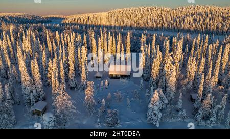 Cabina in neve, foresta invernale della Lapponia 03 Foto Stock