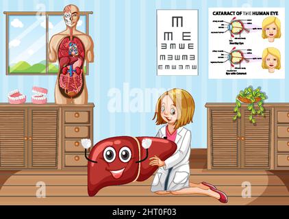 Scena della stanza con un medico che tiene il fegato nell'illustrazione di stile del cartone animato Illustrazione Vettoriale