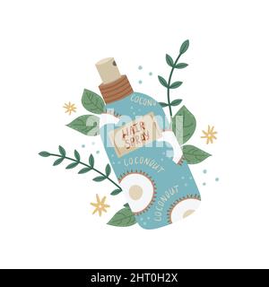 Illustrazione vettoriale di una bottiglia con uno spray per capelli con decorazioni botaniche. Industria di bellezza Illustrazione Vettoriale