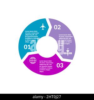 Infografica Circle in tre parti. Diagramma con frecce circolari. 3 opzioni, passaggi o sezioni. Presentazione aziendale, grafico, diagramma, grafico. Vettore Illustrazione Vettoriale