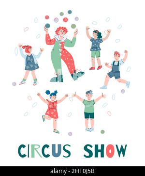 Circus show per bambini pubblicità - clown giocoleria per bambini. Banner spettacolo Circus, poster di invito o modello cartellone, illustrazione vettoriale cartoon on Illustrazione Vettoriale