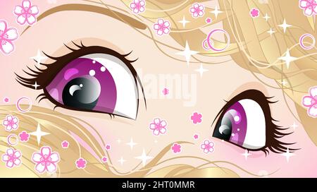 Occhi rosa di una ragazza con capelli biondi con paillettes e fiori in stile anime. Illustrazione Vettoriale