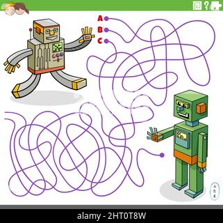 Illustrazione cartoon di linee gioco puzzle labirinto con fumetti personaggi robot Illustrazione Vettoriale