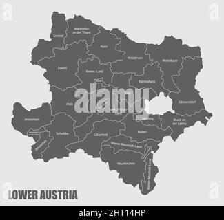 Lo stato dell'Austria inferiore. Mappa amministrativa con etichette. Illustrazione Vettoriale