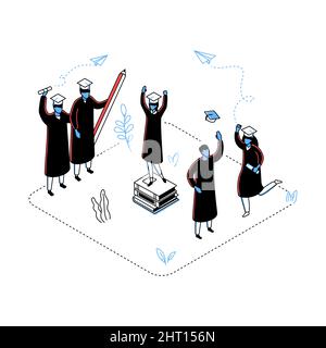 Concetto di graduazione - illustrazione di stile di design moderno di isometria di linea. Foto dettagliata blu e rossa con studenti in berretti accademici, mantelli, celebratin Illustrazione Vettoriale