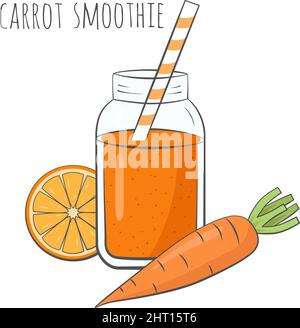 Frullato di carota in vaso con ingredienti. Illustrazione vettoriale. Illustrazione Vettoriale