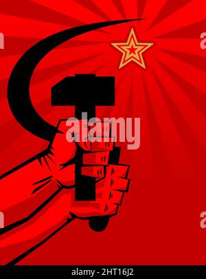 Poster di propaganda rosso stile retrò. Falce e martello in mano, stella sovietica. Vettore Illustrazione Vettoriale