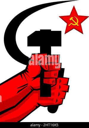 Poster di propaganda rosso stile retrò. Falce e martello in mano, stella sovietica. Vettore Illustrazione Vettoriale