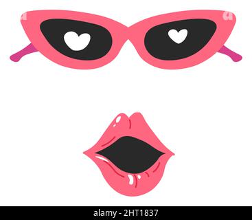 Faccia divertente, bocca aperta e vetri a forma di cuore Illustrazione Vettoriale
