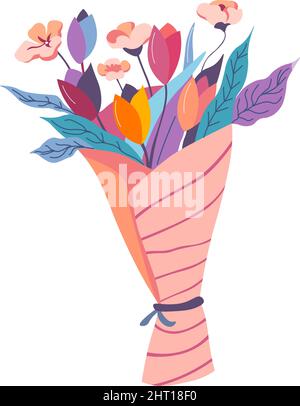 Bouquet di fiori, tulipani primaverili e fogliame Illustrazione Vettoriale