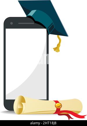 Digital Distance Online Education. Apprendimento delle applicazioni in tutto il mondo su telefono, sito web mobile. Copiare lo sfondo del vettore spaziale. Illustrazione Vettoriale