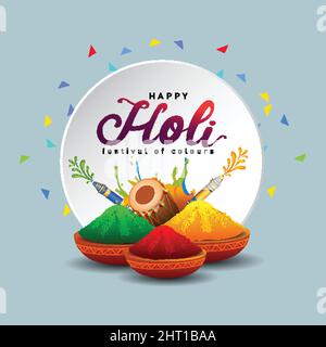 Happy Holi, poster, banner, dima. Lettera elegante con elementi Holi. Disegno vettoriale. Illustrazione Vettoriale