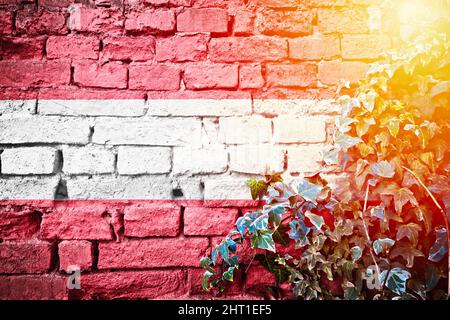 Austria bandiera grunge su muro di mattoni con pianta edera vista sole haze, paese simbolo concetto Foto Stock